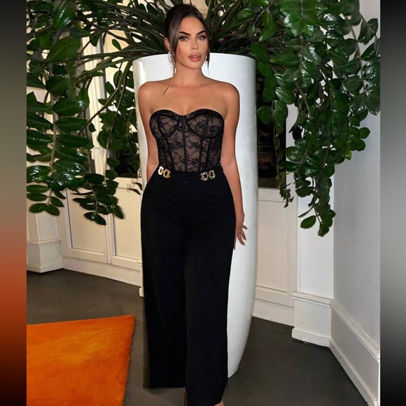 Black & nude floral lace bustier padded built in bra strapless tube top - Picture 2 of 3